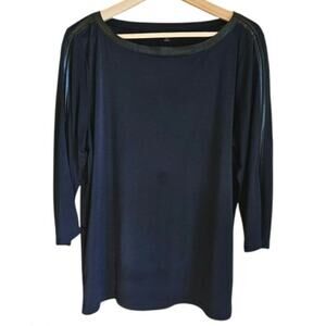 Ann Taylor Blouse Synthetic Black Leather Accents 3/4 Sleeve Navy Women's XLarge